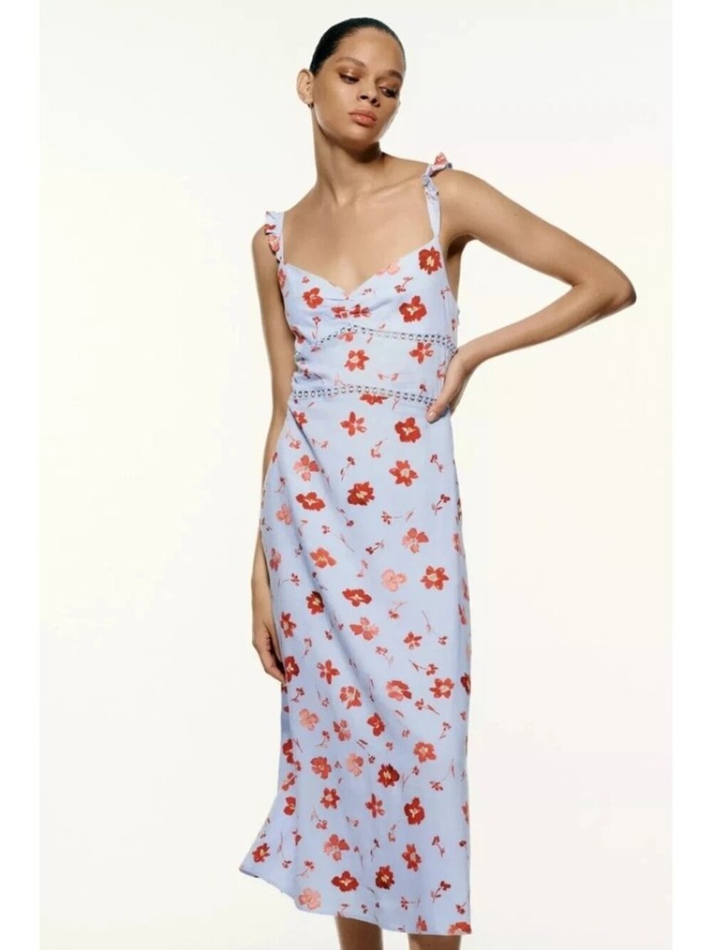 Zara Midi Dress Size XS Blue Floral Print Ruffle Straps Back Zipper Linen Blend